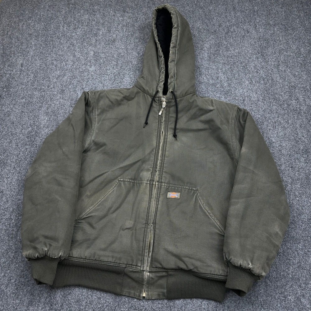 Dickies Sanded Duck Hooded Jacket Men M Olive Green Quilted Insulated Distressed